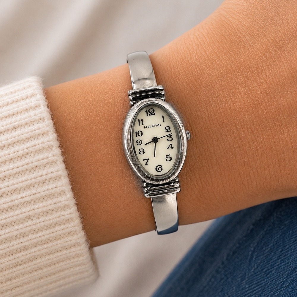 Vintage Narmi Womens Cuff Bangle Watch Silver Tone Mother of Pearl Oval Dial